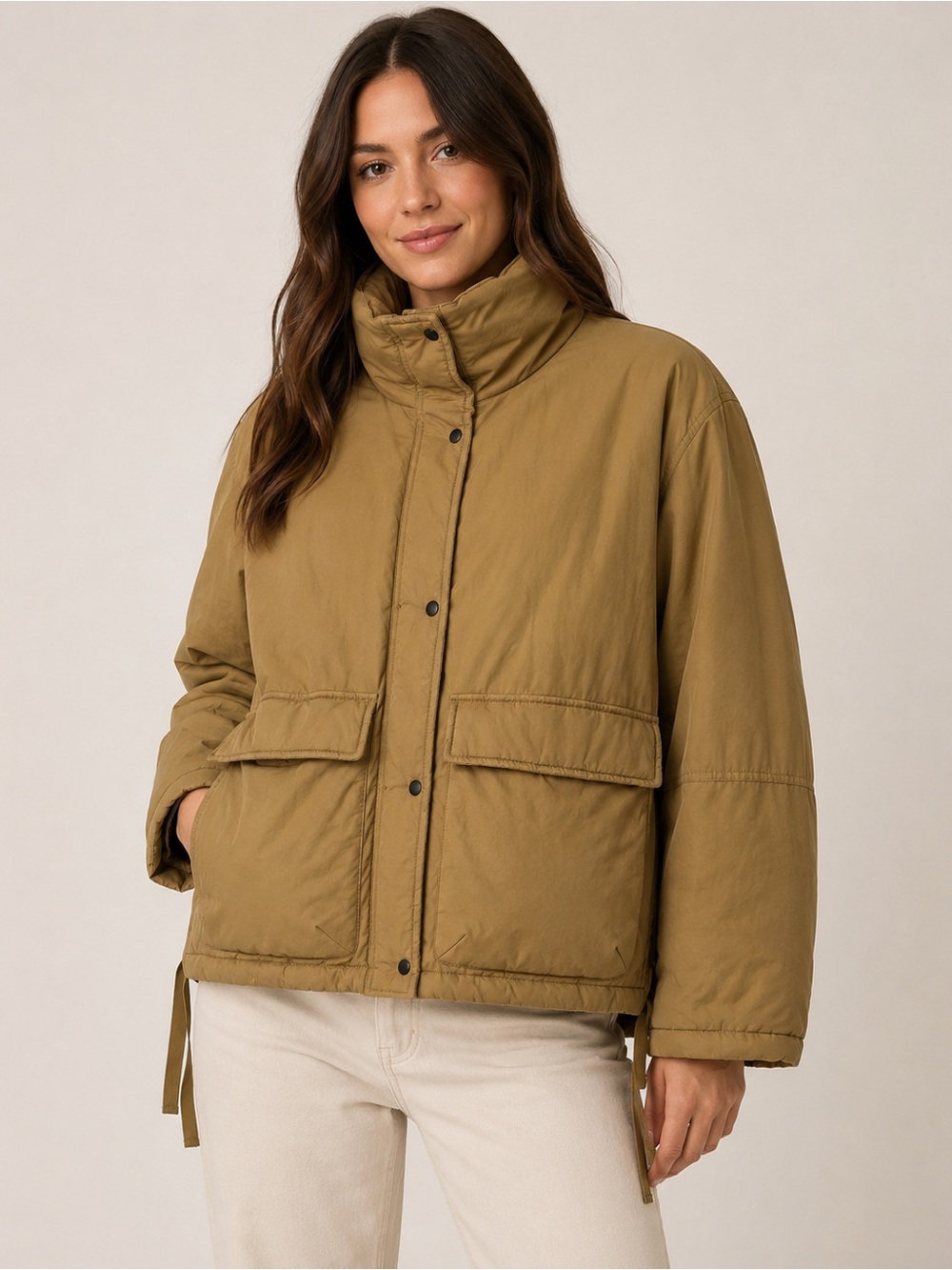 ZARA Oversized Padded Utility Jacket Tan Khaki Cotton Size XS